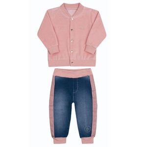 Conjunto de Jaqueta Plush Com Calça Jeans Paraíso Rosa