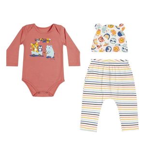 Kit Bebê Body Calça Saruel Touca Safari Salmão Elian