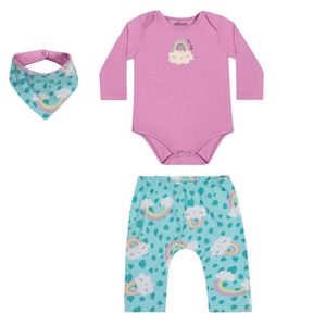 Kit Bebê Menina Body Calça Saruel Bandana Nuvens Elian