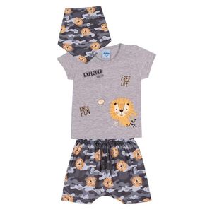 Kit Bebê Menino Camiseta Bermuda E Bandana Serelepe 3 Peças Cinza