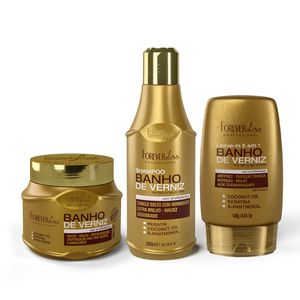 Kit com Shampoo, Máscara e Leave-in Banho de Verniz Forever Liss