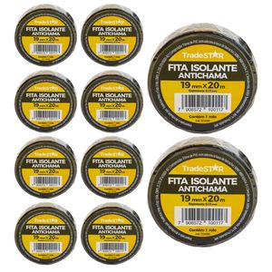 Kit 10 Rolos Fita Isolante PVC Isolamento Elétrico Antichama 19mmX20M Preta Tradestar