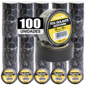 Kit 100 Rolos Fita Isolante PVC Isolamento Elétrico Antichama 19mmX10M Preta Tradestar