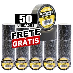 Kit 50 Rolos Fita Isolante PVC Isolamento Elétrico Antichama 19mmX10M Preta Tradestar