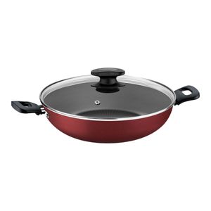 Wok Tramontina Loreto em Alumínio Antiaderente Starflon T1 com Tampa de Vidro Vermelha 28 cm 3,3 Litros