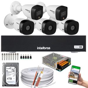 Kit CFTV 5 Câmeras Intelbras 2 cam Full Color 3 cam 1220b Full Hd Dvr 3008-C C/HD 4TB
