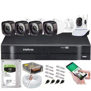 Kit Dvr Intelbras 4 Canais H.265 1tb 4 Câmeras Hd 20 Metros+1 Câmeras IP c/Audio
