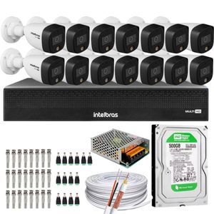 Kit 14 Cameras 1220 Full Color Intelbras Dvr Mhdx 16 Ch Color Noite  C/HD 500GB