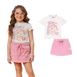 Conjunto Infantil Blusa Canelada Urso Saia-Short Moletom