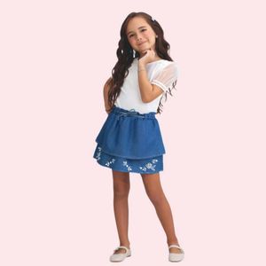 CONJUNTO INFANTIL BLUSA TULE SAIA-SHORT JEANS BORD PARAÍSO