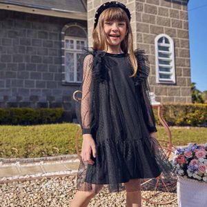 Vestido Infantil Elastano Sobrepõe Tule Poá Preto Kukiê