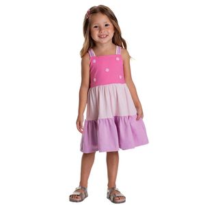 VESTIDO INFANTIL EM ALGODÃO PÉROLA ROSA COLORIDO SERELEPE