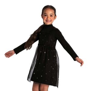 Vestido Menina Cotton Sobrepõe Tule Estamp Estrelas Elian