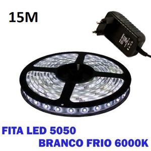 Fita De Led Branco frio 5050 15 Metros Para Decoração Com Fonte