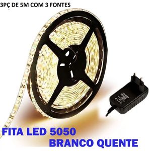 Kit 3 Fita Led 5050 Branco Quente 3000k Luz Amarela Bivolt Com Fonte