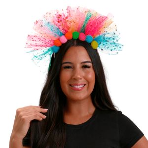 Tiara de Carnaval Colorida com Pompons, Tule e Glitter Dourado