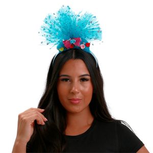 Tiara de Carnaval Trolls Azul com Tule, Flores Coloridas e Brilho