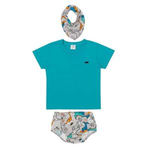 Conjunto Bebê Camiseta Bandana E Calça Fralda Dino Azul