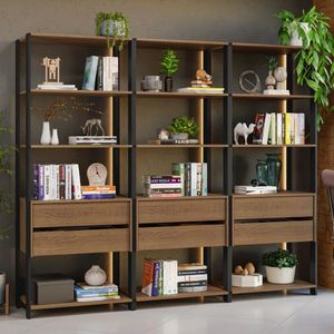 Estante Armário Multiuso para Livros 6 Gavetas 12 prateleiras 210cm Rustic/Preto Madesa