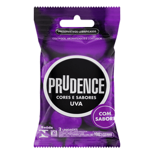 Preservativo Lubrificado Uva Prudence Cores e Sabores Pacote com 3 Unidades