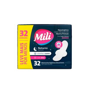 Absorvente Mili Noturno Suave Com Abas Pacote com 32 Unidades