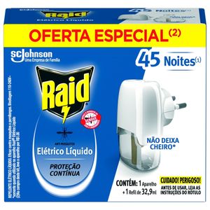 Repelente Elétrico Líquido Raid 45 Noites Aparelho e Refil de 32,9ml Oferta Especial