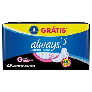 Absorvente com Abas Suave Always Noturno Grande Pacote 48 Unidades Grátis 8 Absorventes