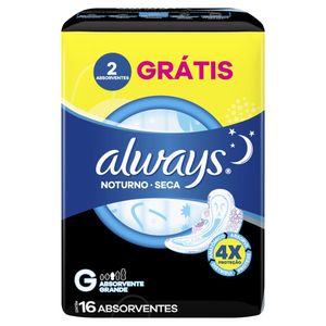 Absorvente com Abas Seca Always Noturno Grande Pacote 16 Unidades Grátis 2 Absorventes