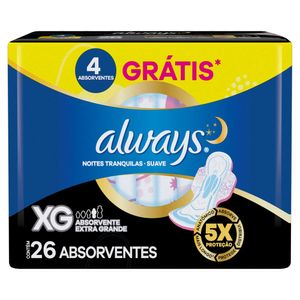 Absorvente com Abas Suave Always Noites Tranquilas Extra Grande Pacote 26 Unidades Grátis 4 Absorventes