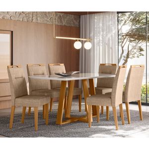 Conjunto de Mesa Lectus 6 Cadeiras New Ceval 100% Madeira Ypê/Off White/Lux