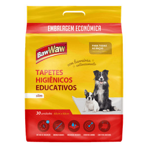 Tapete Higiênico Educativo para Cães Slim Baw Waw 60cm x 60cm Pacote 30 Unidades Embalagem Econômica