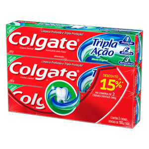 Pack Creme Dental Menta Original Colgate Tripla Ação Caixa 3 Unidades 180g Cada Grátis 15% de Desconto