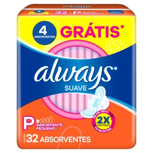 Absorvente com Abas Suave Always Pequeno Pacote 32 Unidades Grátis 4 Absorventes