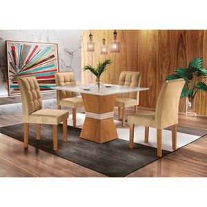 Conjunto de Mesa 4 Cadeiras Vitória Tampo Slim Plus de Vidro Ypê/Off White