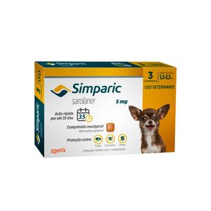 Antipulgas Simparic Zoetis 5mg com 3 Comprimidos para Cães 1,3 a 2,5 kg