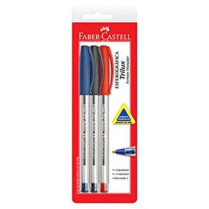 Caneta Esferografica Azul/Preta/Vermelha Ponta Media Trilux Faber Castell 3 Cores