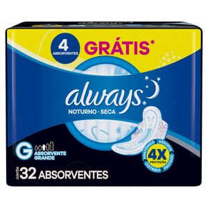 Absorvente com Abas Seca Always Noturno Grande Pacote 32 Unidades Grátis 4 Absorventes