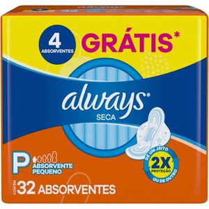 Absorvente com Abas Seca Always Pequeno Pacote 32 Unidades Grátis 4 Absorventes