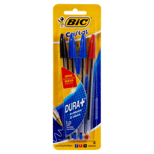 Kit Caneta Cristal Dura+ Azul, Vermelha e Preta 4x1