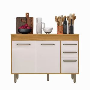 Balcão de Cozinha 120 Cm 03 Portas 02 Gavetas C/ Tampo Malta Off White Acetinado Poliman