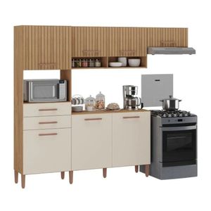 Cozinha Completa Fortaleza 7 Portas 2 Gavetas Ripado 3d Rústico/Natura/Off White Atualle Móveis