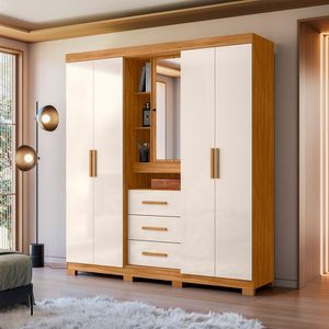 Guarda-Roupa com 5 Portas 3 Gavetas e com Espelho Eldorado Freijó e Off White - Moval