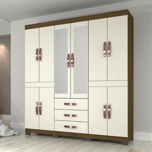 Guarda-Roupa Safira com 10 Portas 3 Gavetas e Espelho Camel e Off-White - Móveis Josan