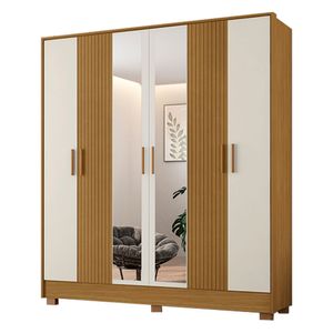 Guarda-Roupa 6 Portas com Espelho Ripado Gráfico Londres Freijó e Off White - Poliman