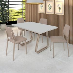 Conjunto Mesa Gabi Ibiza Tampo MDF Chanfrado Vidro Off White 4 Cadeiras 1,20mx0,90m Tubo Champanhe