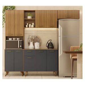 Cozinha Compacta Olinda 4 Peças com Balcão 10 Portas 1 Gaveta Poliman Móveis Freijo Uv/Ripado/Grafite Acetinado
