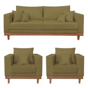 Kit 2 Poltronas Living + Sofá 2 Lugares Base Madeira Suede