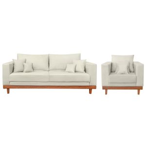 Kit 1 Poltrona Living + Sofá 3 Lugares Madeira Tecido Suede