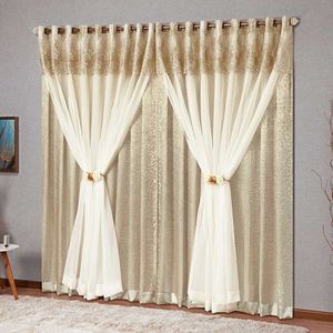 Cortina Nobreza 3,00m x 2,50m Tecido Cetim Amassado Voil Bandô Bordado Floral - Bronze