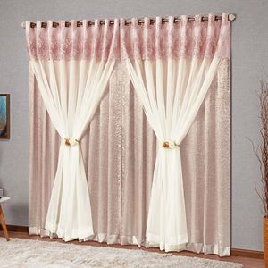 Cortina Nobreza Floral 2,00m x 1,70m Tecido Cetim Amassado Voil Bandô Bordado - Rosê